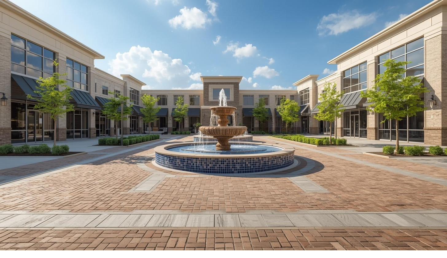 Clean commercial plaza courtyard with fountain, maintained by Cypress Curb Appeal Services