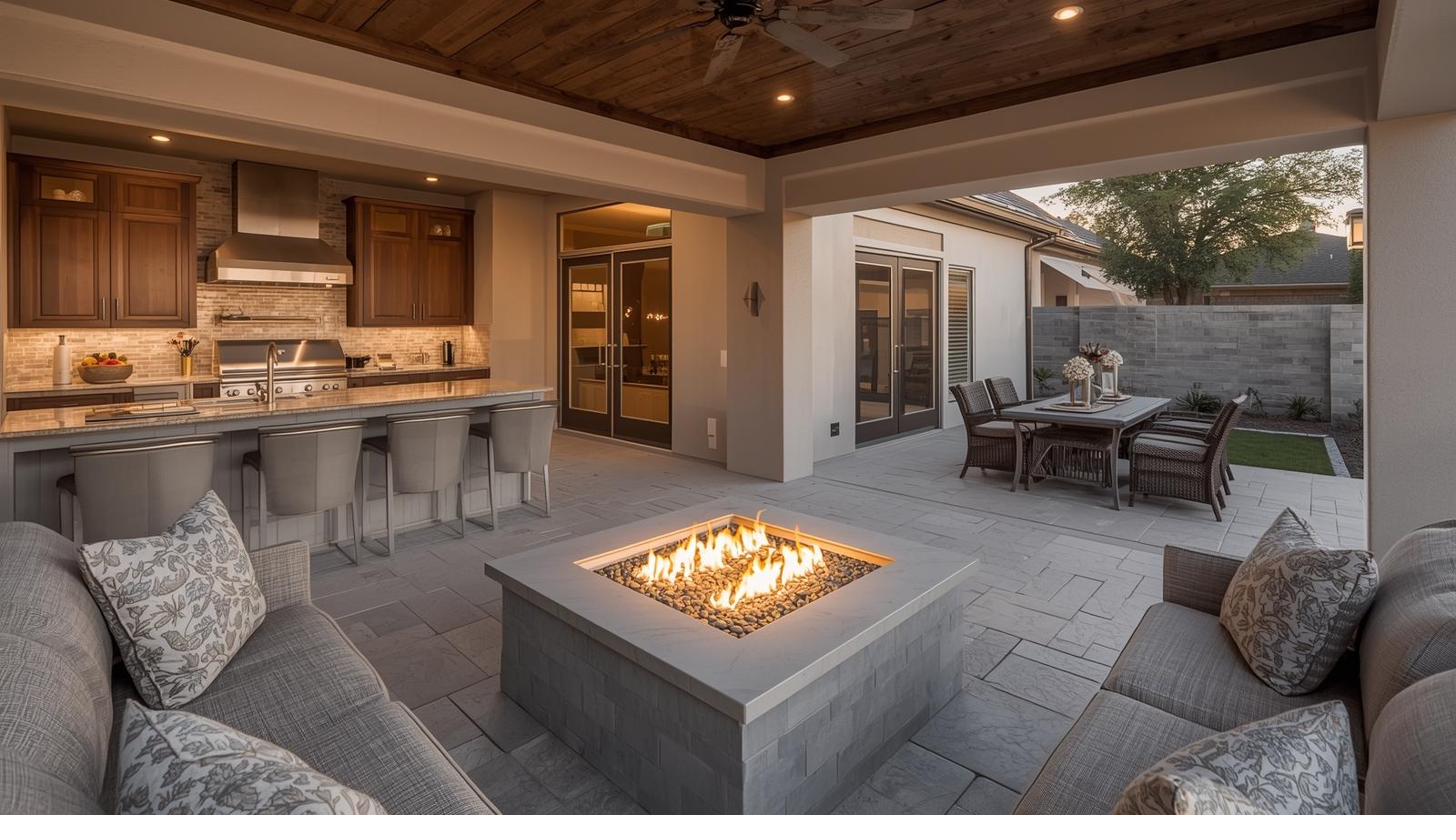 Luxury Houston backyard with pool, outdoor kitchen, and covered patio maintained by Cypress Curb Appeal Services